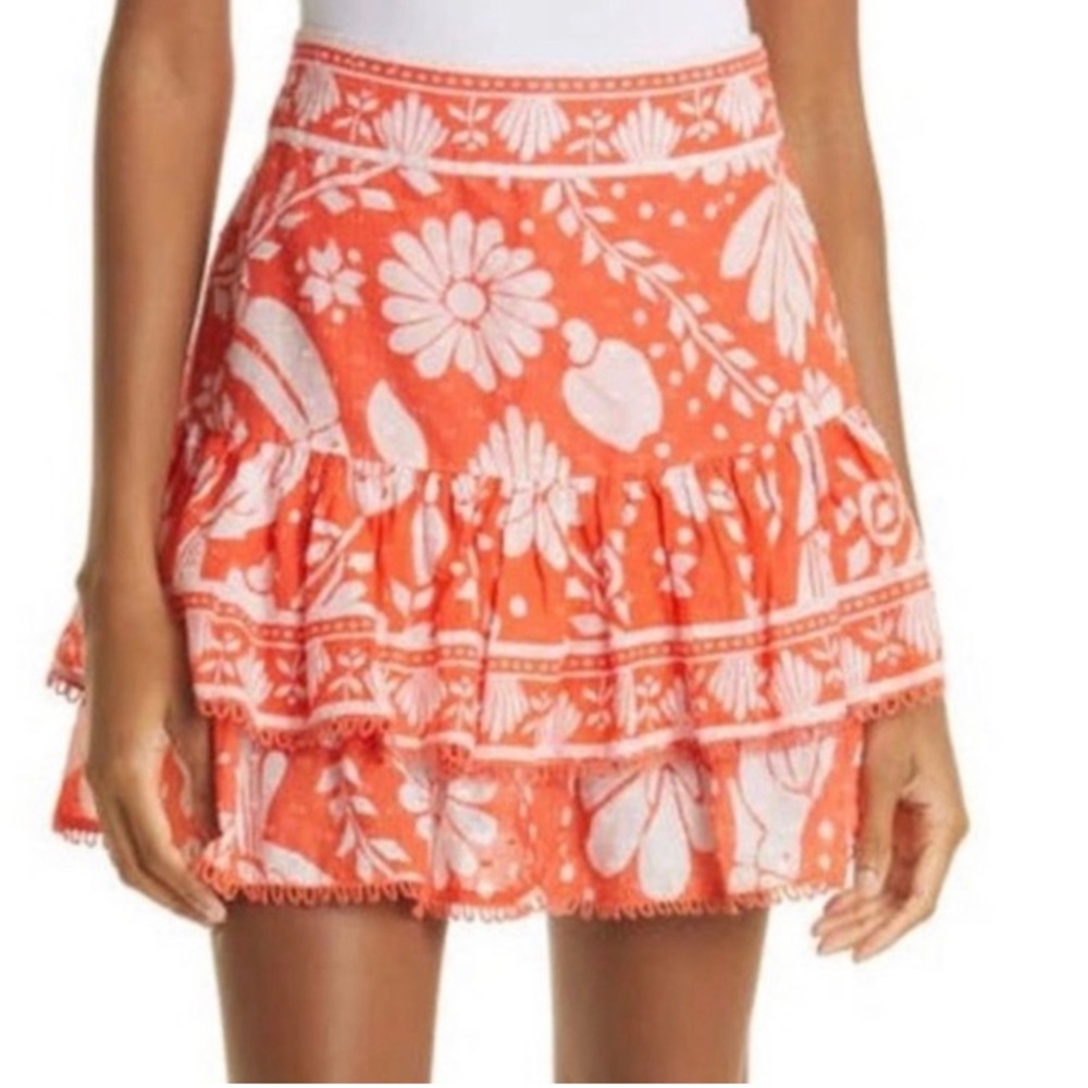FARM Rio Orange and White Floral Tiered Mini Skirt